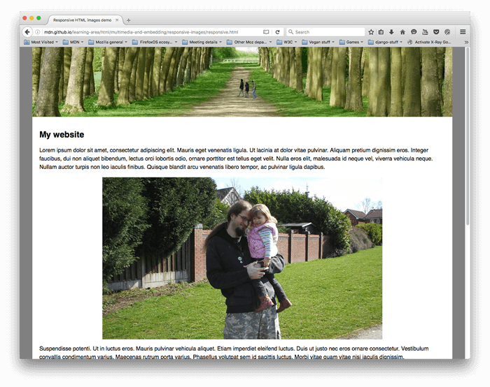 Browser screenshot of a simple demo page: a banner photo of a tree-lined path, a 'My website' heading, placeholder paragraphs, and a photo of a man holding a child.